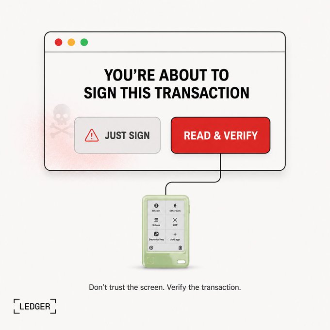 A Ledger advertisement warning about transaction signing, showing two buttons 'JUST SIGN' (marked as dangerous with a skull) and 'READ & VERIFY', emphasizing 'Don't trust the screen. Verify the transaction.'