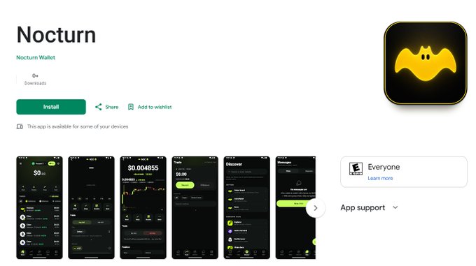 A Google Play Store listing for the 'Nocturn Wallet' app, featuring a yellow bat icon and screenshots of its dark-themed wallet, swap, and discover interfaces.