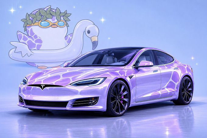 The image features a purple Tesla car with a bird design on its side, parked next to a blue background that has a cartoon swan floating above it. Below the car, there's a post that reads "Gm, happy tuesday hope you all are good & well. just 2 more days left for @XOOBNetwork or it may be end today. my position is almost 723th. top 1000 people will be rewarded". The bird on the car and the swan in the background both have a purple color that matches the car, creating a cohesive visual theme throughout the image.