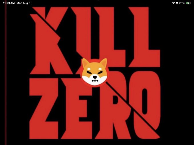 A tablet screen displays bold red text reading 'KILL ZERO' crossed out by a diagonal line, with an angry Shiba Inu dog face emoji placed over the text.