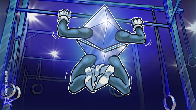 The image depicts the Ethereum logo personified as a muscular character performing pull-ups in a gym, symbolizing strength and growth, with the "COIN TELEGRAPH" logo visible on the left, visually representing the resilience of the "Ether" asset discussed in the text regarding its price breaking $1.9K.