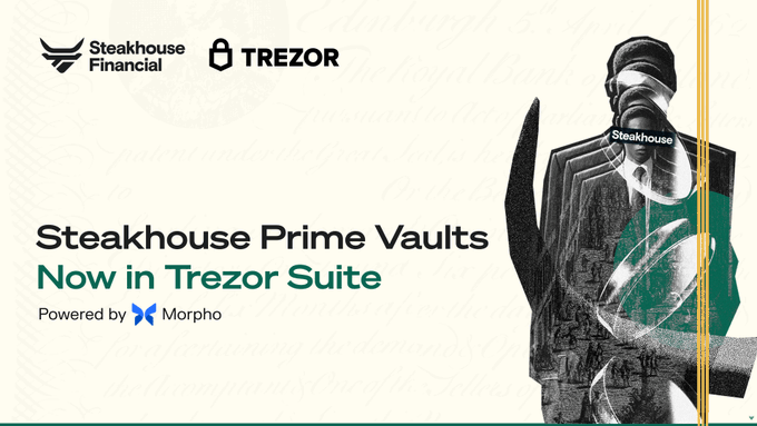 The image features a poster for Steakhouse's prime vault service, which is now available in Trezor Suite. The poster includes an illustration of a man wearing a suit with a sword, symbolizing the strength and security provided by the vault service. The text on the poster highlights that users can access the vault service through their own wallet or bank account, and it mentions that the service is powered by @Morpho.