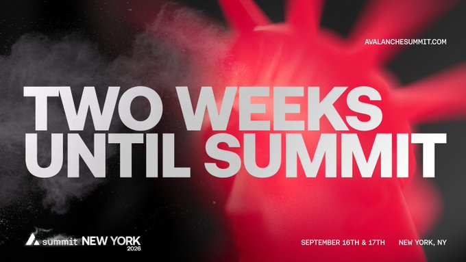 A bold red and black promotional graphic announces "TWO WEEKS UNTIL SUMMIT" for Avalanche Summit New York 2026, taking place September 16th & 17th, with the tagline reinforcing the urgency of nearly sold-out tickets for the crypto/blockchain event.