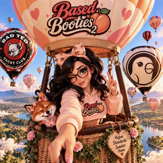 An animated illustration depicts a woman in a pink 'Based Booties 2' hoodie with a matching bow and glasses, making a peace sign from a hot air balloon basket, accompanied by a small red panda and surrounded by other balloons including one labeled 'BAD TED YACHT CLUB.' The basket has a heart-shaped plaque reading 'Higher Standards Sweeter Views.'