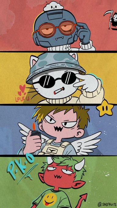 A four-panel digital illustration featuring cartoon characters including a robot, a cat in sunglasses, a winged figure with a lighter, and a red devil character, signed '@dasfruits'.
