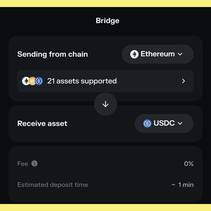 A crypto bridge interface showing a transaction from Ethereum to USDC with 21 assets supported, a 0% fee, and an estimated deposit time of ~1 min.