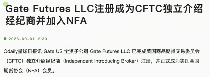 The image shows a Chinese news headline dated 2026-09-01 announcing that Gate Futures LLC, a wholly-owned US subsidiary of Gate, has completed registration as an Independent Introducing Broker with the CFTC and joined the NFA, aligning with the post about Gate expanding its regulatory compliance footprint.