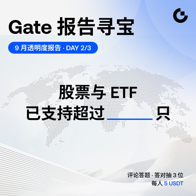 A promotional graphic reads “Gate 报告寻宝,” “9 月透明度报告 · DAY 2/3,” and “股票与 ETF 已支持超过 ____ 只,” with a note about “3 位” comments and “每人 5 USDT.”