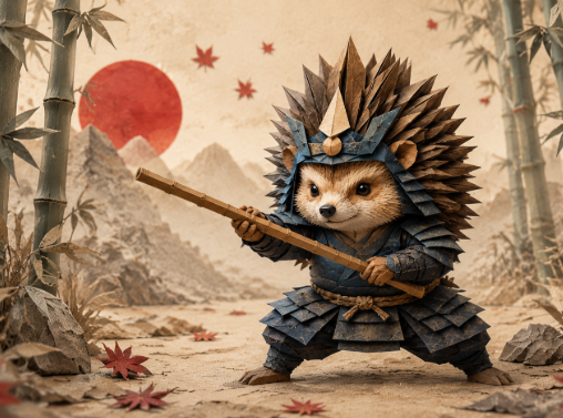 A small furry creature dressed in traditional samurai armor stands in a dramatic stance with a wooden staff, set against a backdrop featuring bamboo, a red sun, and falling maple leaves.