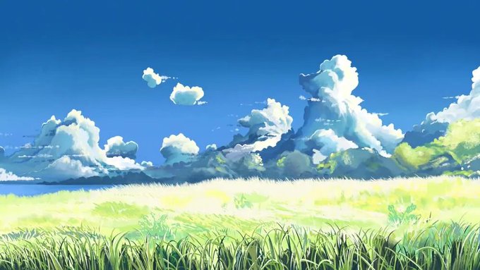 An anime-style illustration depicting a vibrant green grassy field under a bright blue sky filled with fluffy white cumulus clouds.
