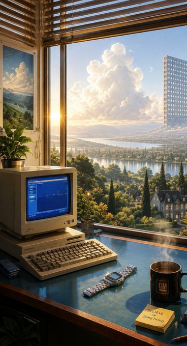 A retro-futuristic digital illustration of a desk setup with a vintage computer, keyboard, and a steaming 'GM' mug, overlooking a scenic bay view through a large window.