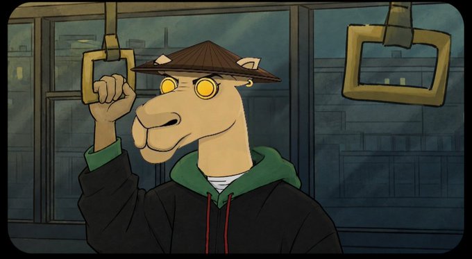 An animated character resembling a camel or llama with glowing yellow eyes, wearing a straw hat and hoodie, holding onto a handrail on what appears to be a train or bus.