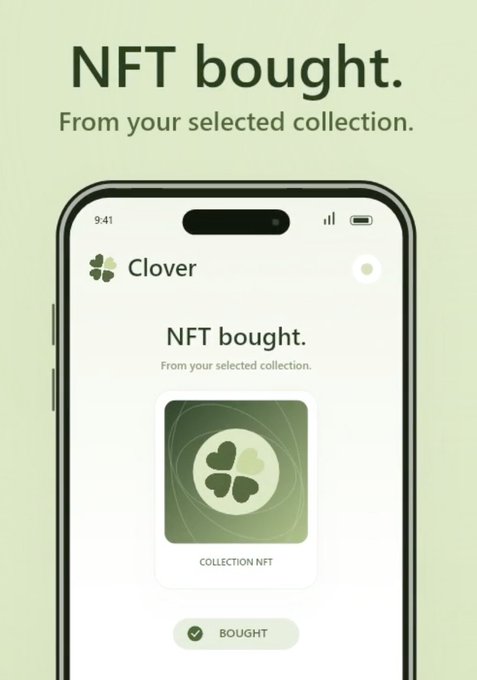 A Clover promotional graphic reads “NFT bought. From your selected collection.” and shows a phone screen confirming a “COLLECTION NFT” purchase with a “BOUGHT” status. It illustrates the accompanying post’s giveaways for 10x guaranteed-token-drop (GTD) and 20x first-come-first-served (FCFS) spots.