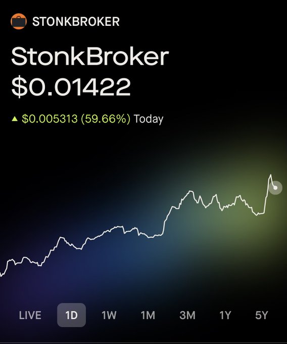 A stock tracking app displaying 'STONKBROKER' at $0.01422, showing a 59.66% gain of $0.005313 today with a 1D chart.