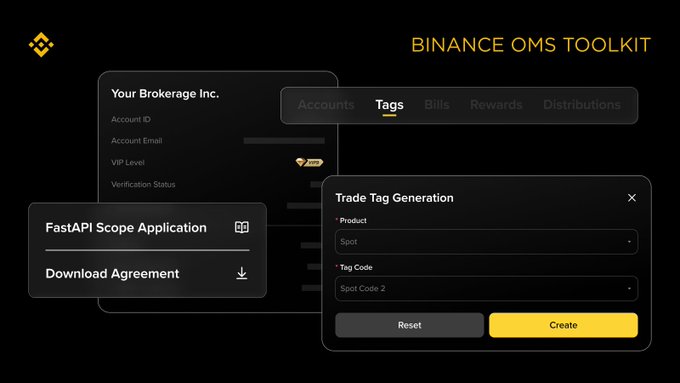 A screenshot of the Binance OMS Toolkit interface displaying a Trade Tag Generation dialog with Product 'Spot' and Tag Code 'Spot Code 2' fields, alongside options for FastAPI Scope Application and Download Agreement.