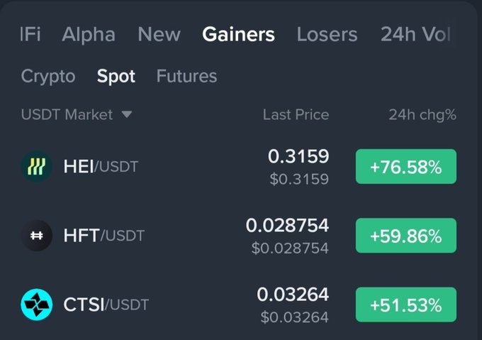 A crypto exchange interface shows the Gainers tab with HEI/USDT at 0.3159 (+76.58%), HFT/USDT at 0.028754 (+59.86%), and CTSI/USDT at 0.03264 (+51.53%) in the USDT market.