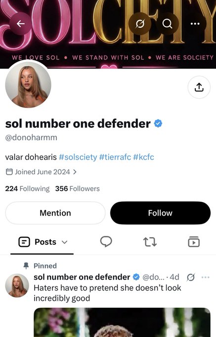 This is a screenshot of a Twitter profile for "sol number one defender" with the banner text "SOLCIETY WE LOVE SOL WE STAND WITH SOL WE ARE SOLCIETY". The pinned tweet praises "Sol" and echoes the sentiment of the accompanying post that "SOL runs this account".