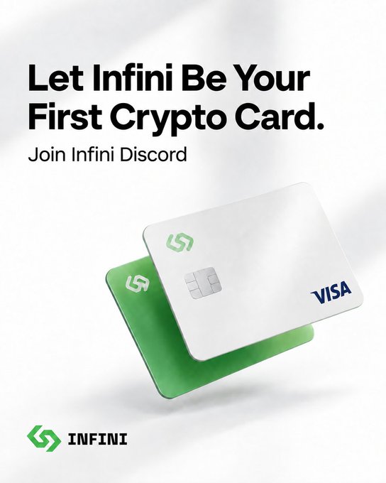 An advertisement for Infini crypto card featuring two Visa cards (white and green) with text "Let Infini Be Your First Crypto Card" and "Join Infini Discord," promoting a limited-time Discord reward offer for new users who complete KYC.