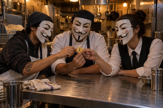 Three people wearing Guy Fawkes masks in a commercial kitchen, jointly holding up a small gold coin with a logo on it.