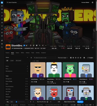 Screenshot of the StonKBro collection page on OpenSea, showing pixel-art characters with various traits and prices listed as StonKBro 3D, StonKBro 3D with Crown, StonKBro 3D with Bandana, etc.