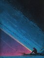 A surreal painting depicting a colorful planet with prominent blue and purple rings, set against a dark space background. A small silhouetted figure or object appears at the bottom edge, providing scale to the celestial scene.