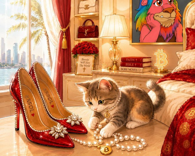 An elaborate illustration depicts a luxurious bedroom scene where a cute cat plays with a pearl necklace next to red high-heeled shoes adorned with the 'SRSOL' text and diamond brooches. The room contains designer handbags, a gold Bitcoin statue, and a painting of a colorful, stylized lion.