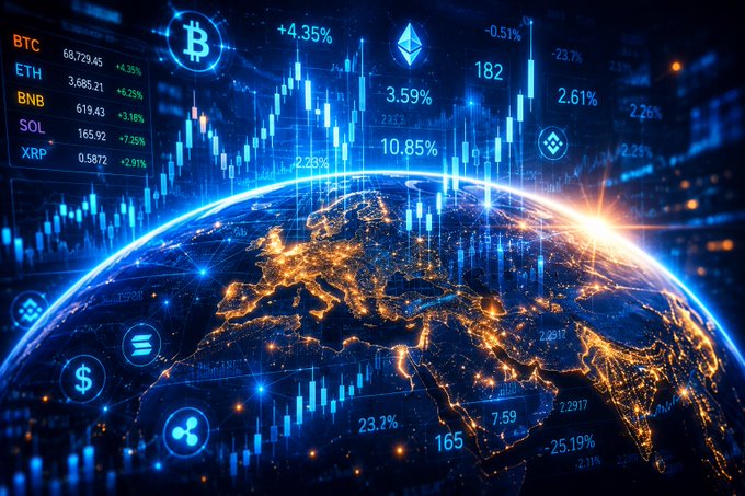A futuristic digital visualization of Earth with glowing city lights overlaid with cryptocurrency trading data, showing candlestick charts and tickers for BTC, ETH, BNB, SOL, and XRP with their prices and percentage changes.