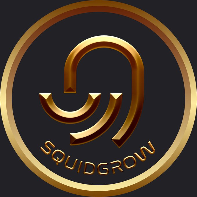 A gold circular logo on a black background featuring a stylized squid graphic with the text 'SQUIDGROW' written below it.