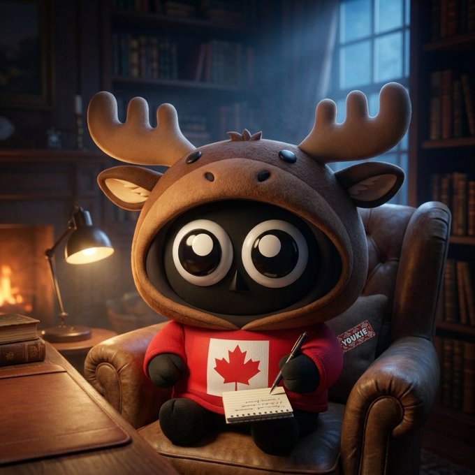 A 3D-rendered cartoon character with large eyes wears a red hoodie featuring the Canadian flag, a moose antler hat, and sits in a leather armchair in a library setting, holding a pen and notebook.