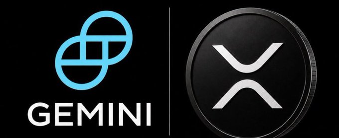 The blue Gemini logo on the left and the black XRP coin logo with its white 'X' symbol on the right, separated by a vertical line on a black background.