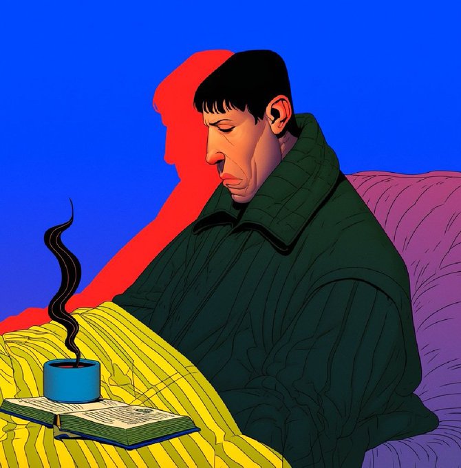 A colorful digital illustration of a man in a green sweater sitting contemplatively with his eyes closed, with a steaming blue cup beside an open book, against a bold blue background with a red shadow silhouette.