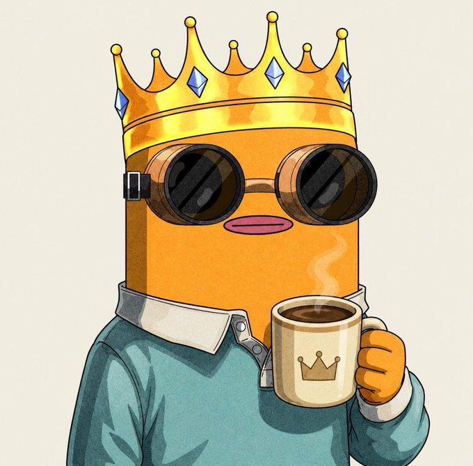 The image features a cartoon character wearing sunglasses and a crown, holding a coffee cup with a gold handle. The character appears to be dressed in a blue shirt and has a unique style that makes them stand out from others. The image also includes text that reads "Good morning gm Interesting how each project seems to be solving a completely different bottleneck". This suggests that the cartoon character might represent an innovative idea or concept, possibly related to cryptocurrency or blockchain technology.