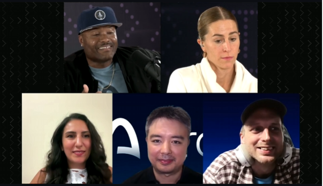 A video call grid showing five participants in separate panels, including men wearing caps and a woman in a white top.