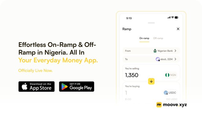 Promotional banner for a crypto on-ramp service in Nigeria, reading 'Effortless On-Ramp & Off-Ramp in Nigeria. All In Your Everyday Money App. Officially Live Now.' with App Store and Google Play buttons, showing a Ramp interface converting 1,350 NGN to USDC via Moove XYZ.
