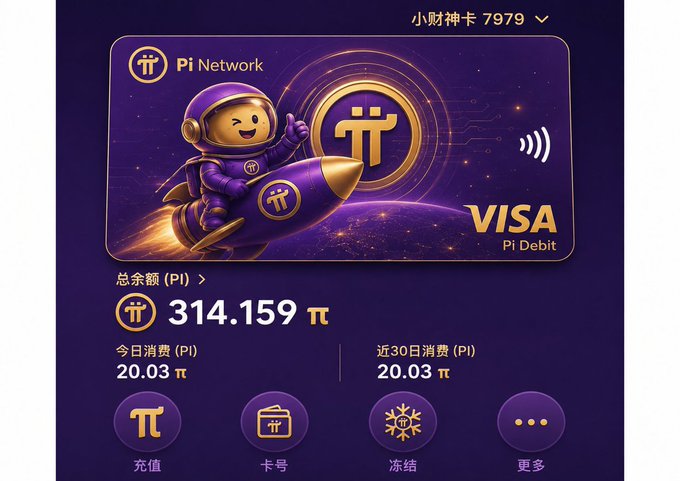 A Pi Network VISA debit card interface showing a balance of 314.159 π, with 今日消费 (today's spending) and 近30日消费 (30-day spending) both at 20.03 π, along with options for 充值 (recharge), 卡号 (card number), 冻结 (freeze), and 更多 (more).