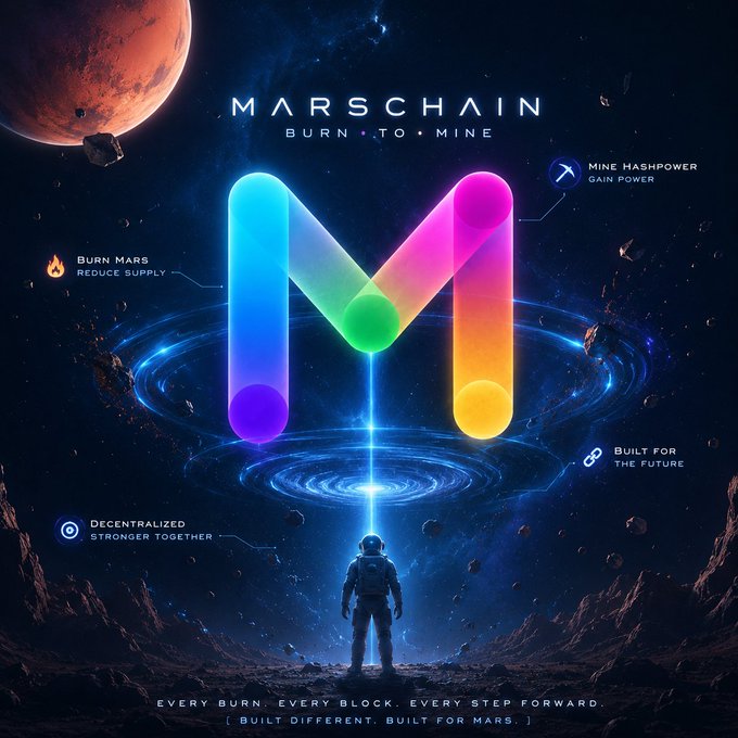 A lone astronaut stands on a Mars-like landscape gazing up at a glowing, multicolored "M" logo beneath the text "MARSCHAIN — BURN • TO • MINE," with floating labels highlighting its key features: "BURN MARS / REDUCE SUPPLY," "MINE HASHPOWER / GAIN POWER," "DECENTRALIZED / STRONGER TOGETHER," and "BUILT FOR THE FUTURE," capped by the tagline "EVERY BURN EVERY BLOCK. EVERY STEP FORWARD. BUILT DIFFERENT. BUILT FOR MARS." The image visually reinforces the post's message by personifying MarsChainCN's novel Burn-to-Mine model, where burning MARS tokens simultaneously destroys supply and generates hashpower — symbolized by the astronaut at the frontier of a decentralized mining economy.