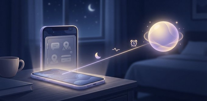 A digital illustration of a smartphone on a nightstand with holographic icons floating above it, connected by a glowing beam to a ringed planet in the background, with a crescent moon visible in the night sky.