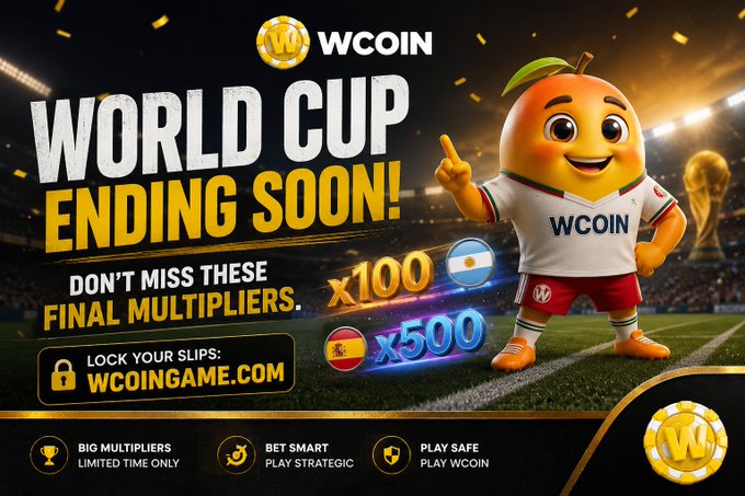 A vibrant promotional graphic for WCOIN features an orange mascot wearing a soccer jersey, advertising "WORLD CUP ENDING SOON!" with final multipliers of x100 for Argentina and x500 for Spain, directing users to wcoingame.com to lock in their slips before the tournament ends.