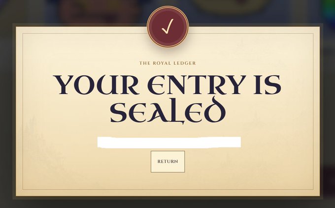A confirmation screen from "The Royal Ledger" displays "YOUR ENTRY IS SEALED" with a red checkmark, signaling successful completion of the @talesofblob whitelist process to join the 5,000 blob NFT collection launching on Robinhood. A white scribble covers a wallet address and a "RETURN" button sits below, completing the waitlist signup confirmation.