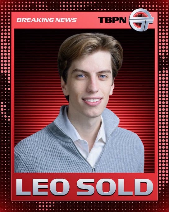 A 'BREAKING NEWS' graphic from 'TBPN' featuring a smiling young man with light brown hair in a gray zip-up sweater, with the text 'LEO SOLD' displayed prominently at the bottom.