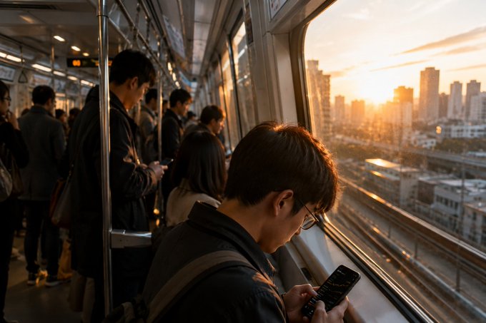 A young man checks his phone on a crowded train at sunrise over a city skyline, reflecting the early morning market vigilance described in the post, while other passengers stand quietly—mirroring the crypto community's collective patience and watchful optimism as Bitcoin holds above $64K.