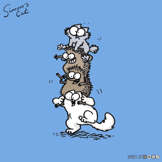 Four cartoon cats from "Simon's Cat" (labeled in the top-left corner) form a wobbly tower, with the white cat at the bottom struggling under the weight of three cats stacked on top of it, humorously illustrating the burden of teamwork where one is doing all the heavy lifting.