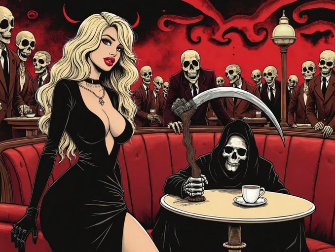 A dark illustration depicting a blonde woman in a black dress standing next to a grim reaper figure with a scythe, surrounded by skeletons in suits at a red booth.