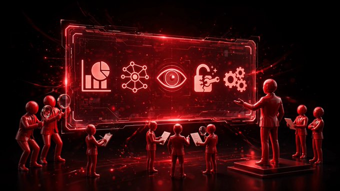 Futuristic red digital illustration of humanoid figures examining icons representing data analytics, networking, vision, security, and settings.