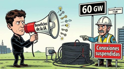 A political cartoon showing a man with a megaphone labeled 'Beneficios de la IA' and a worker pointing to a sign reading '60 GW' and 'Demanda máxima 7 GW' with 'Conexiones suspendidas' below.