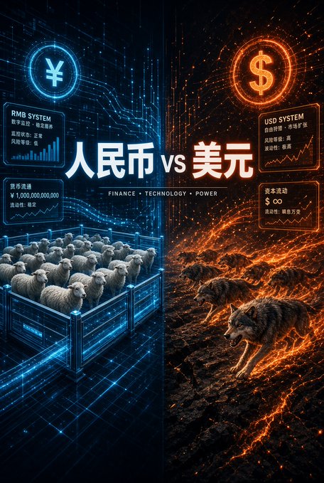 A split digital art piece contrasting the RMB system (represented by sheep in a blue pen) against the USD system (represented by wolves on fiery ground), labeled '人民币 vs 美元'.