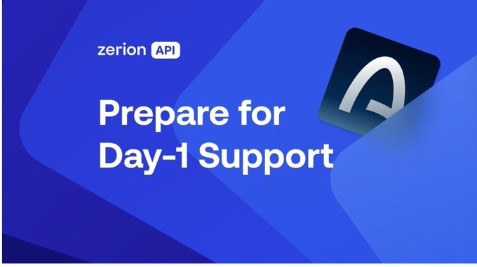 A promotional graphic with 'zerion API' text and 'Prepare for Day-1 Support' displayed on a blue background with geometric shapes.