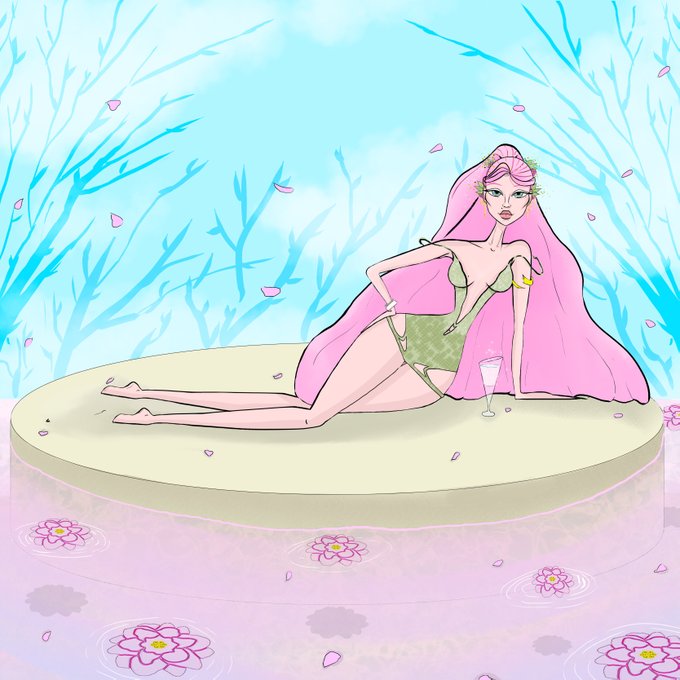 A pink-haired woman lounges on a circular platform above a pond of lotus flowers and scattered petals, holding a champagne glass in a fantasy "Pink Heaven" setting that matches the dreamy aesthetic of the NFT mint promotion.