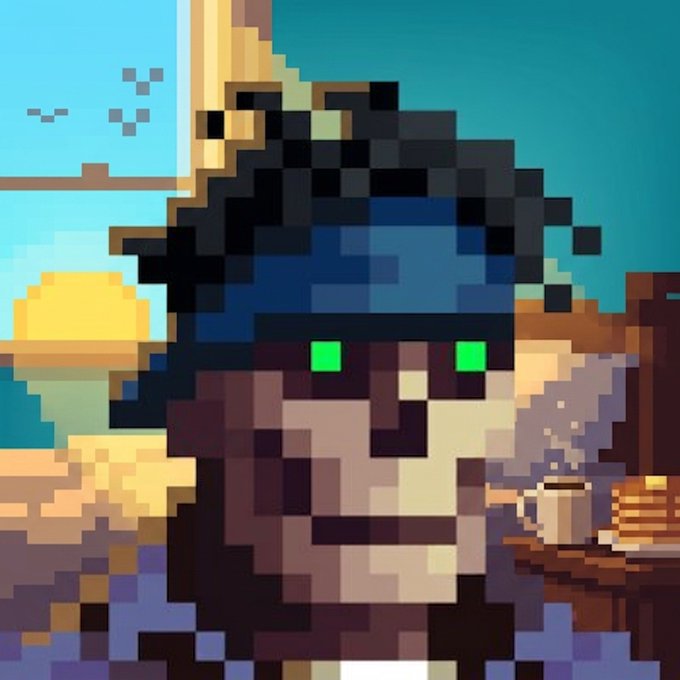 A pixel art illustration depicts a character with gray hair, green glowing eyes, and a blue headband against a landscape background featuring a sunset and what appears to be a teapot and food.