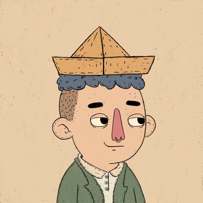A whimsical illustration shows a cartoon character with a paper boat perched on top of blue hair, a long pink nose, and a green jacket, styled in a distinctive quirky art style. The whimsical character aligns with the creative NFT artwork by @UnusualNFTs and @Mrym_nft that the poster is celebrating alongside acquiring "Numer 10."